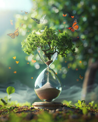 Surreal Hourglass Sprouting Lush Forest from Falling Sand &ndash; Butterflies Emerging, Eco-Motivational Concept Art