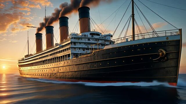 Majestic Ocean Liner with Four Smoke Stacks Sailing Across the Water at Sunset, Evoking Classic Maritime Grandeur