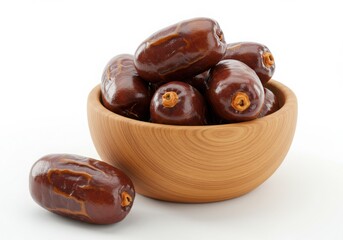 Obraz premium Dates in a wooden bowl with one date lying next to the bowl isolated on white background