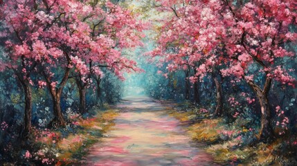 Pink Blossom Tree Lined Path Spring Landscape Painting