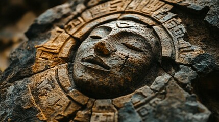 Naklejka premium Serene stone carving mysterious deity face intricate detail ancient art sculpture