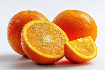 Fresh whole oranges and halved orange fruit isolated on clean white background, juicy citrus with bright orange color and detailed texture, natural lighting, high-resolution food photography 
