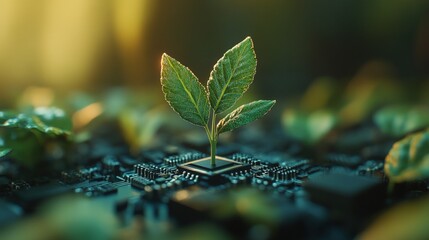 A young sprout grows from a circuit board