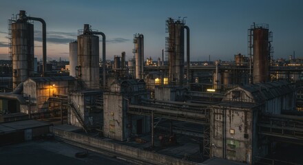 Naklejka premium Industrial plant infrastructure at dusk showing pipes and towers