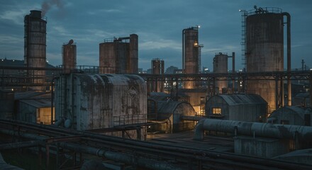 Obraz premium Industrial complex at twilight moody atmosphere pipes tanks manufacturing