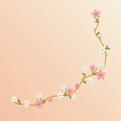 Fototapeta premium Soft cherry blossom branches with pale pink petals and fresh green hints, scattered gently over a warm peach-toned gradient backdrop 