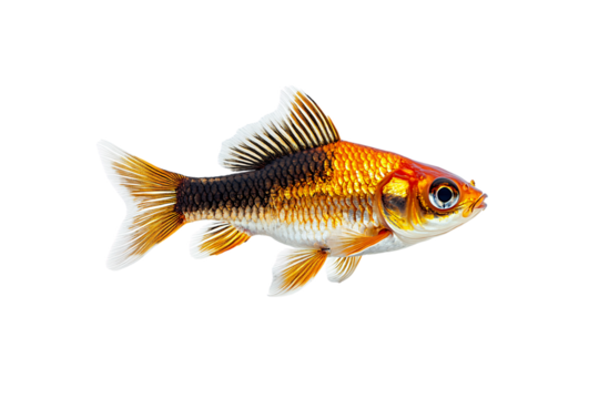 An orange goldfish gleams with reflective scales and flowing fin structure, isolated on a transparent background