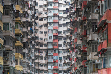 Colorful facade of famous Monster Building in Hong Kong.