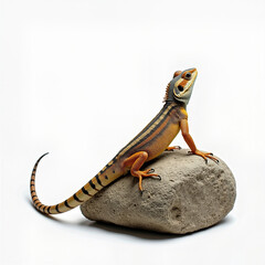 Obraz premium Isolated lizard rear pose with upper body resting on a rock, photographed against a white background with margin space for design flexibility 