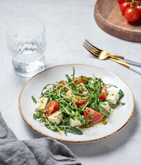 Healthy arugula salad with cherry tomatoes, mozzarella and pesto sauce on a plate