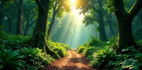 Obraz premium Sunlit path in dense rainforest with vibrant greenery and tall trees, woodland, botanical, foliage
