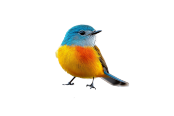 Brightly colored bird with blue head, orange chest, and yellow belly perches with charming alertness, isolated on a transparent background