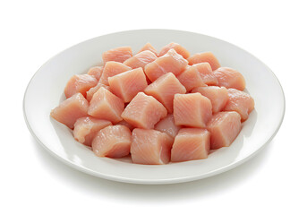 Freshly Cubed Chicken Breast Ready for Cooking isolated on white background.