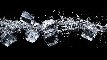 Ice Cubes Splashing in Water Against Black Background