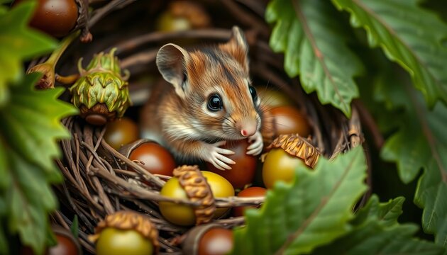 Tiny harvest mouse nestled in green acorns, munching happily, sweet, autumn