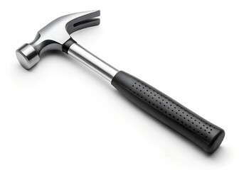 Steel claw hammer with black rubber grip handle isolated on white background