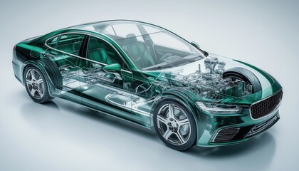 Transparent Future Car Technology with Internal View Highlighting Hydrogen Energy