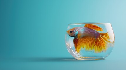 A cultivation fish in a clear glass bowl, vibrant colors, copy space below, sleek advertising appeal