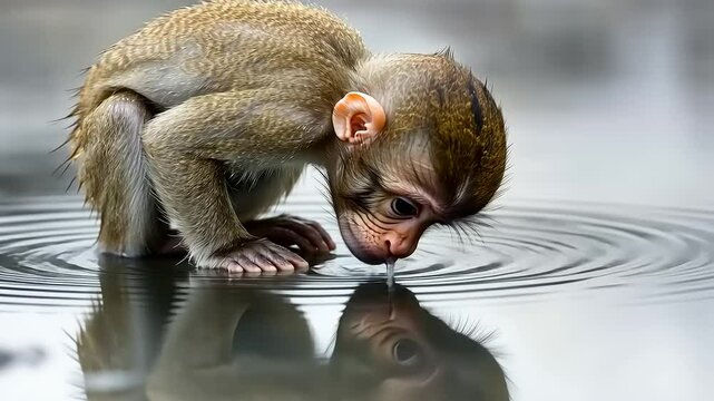 Monkey Looking Calmly at Reflection in Water Surface