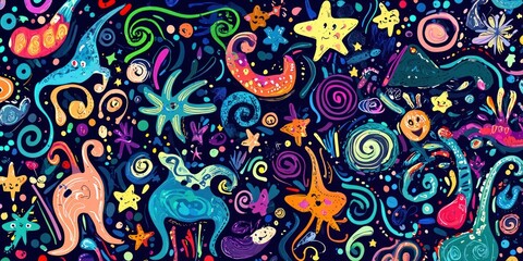 A colorful, childlike doodle art background with swirling lines, stars, and whimsical creatures