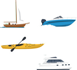Various types of boats including sailboat motorboat kayak and yacht vector illustration 