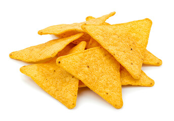 Fototapeta premium Close-up of a pile of crispy tortilla chips isolated on white background.