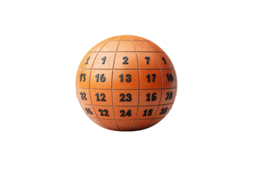 Shiny orange sphere segmented into grid, each section embossed with black numbers, resembling 3D puzzle globe, isolated on a transparent background