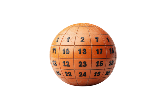 Shiny orange sphere segmented into grid, each section embossed with black numbers, resembling 3D puzzle globe, isolated on a transparent background