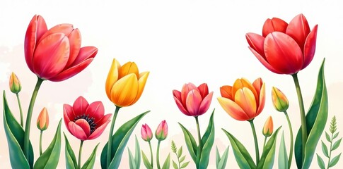 Vibrant tulips in watercolor style on a seamless background, spring, wallpaper, floral