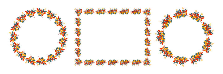 Set of autumn leaves frames, round and square shapes, colorful foliage, vector illustration isolated on white background.