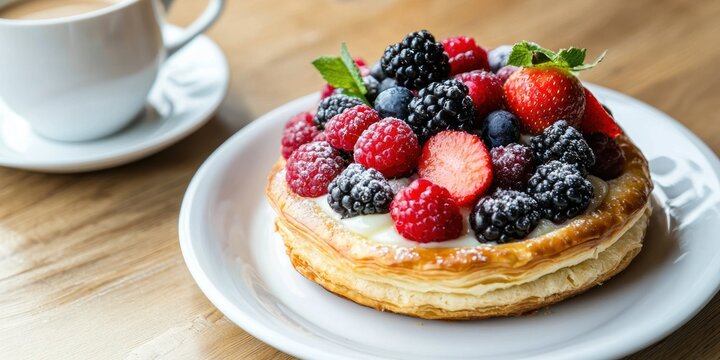 A colorful fruit Danish pastry, with a mix of fresh berries on top, placed on a white porcelain plate with a cup of coffee beside it - Powered by Adobe