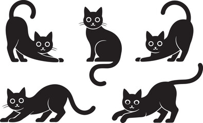 Set of black cat silhouettes in various poses including sitting, stretching, and playing isolated on a white background illustration © Pritam