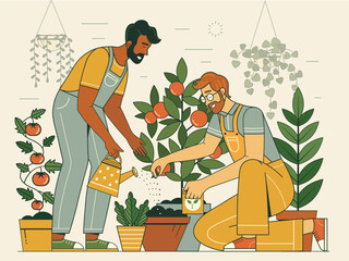 Male Friends Planting and Watering Plants