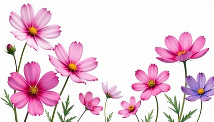 Fototapeta premium Vibrant watercolor cosmos flowers in shades of pink, purple and white on white background, white, pink, vibrant