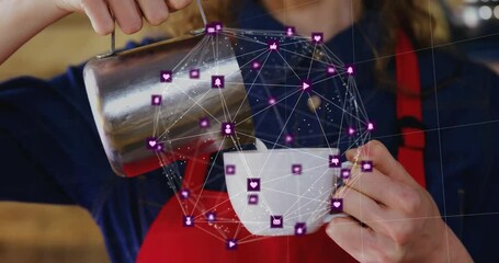 Woman barista pouring steamed milk into coffee cup showcasing social media marketing overlay - Powered by Adobe