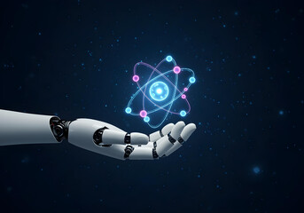 A robotic hand gently holding a glowing atom with orbiting electrons