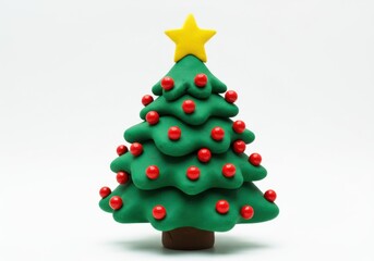 A christmas tree made of clay with a yellow star on top of the tree isolated on white background