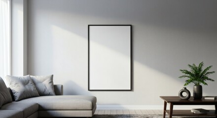Blank Poster Frame Mockup in Modern Living Room with Sofa