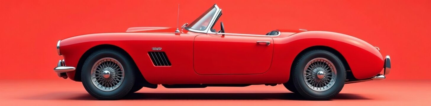 Vintage red convertible car in flat colour style, retro, icon