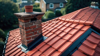 Naklejka premium Inspection from above of a residential building with newly laid red ceramic roofing tiles and flashing around the chimney for repair and renovation.