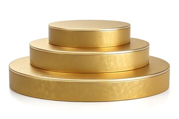 Three Tiered Golden Cylinders, Round Shape, Elevated Display, Isolated on White Backdrop