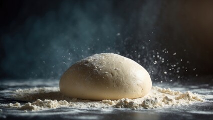 Yeast Dough Preparation for Bread or Pizza on a Floured Surface with Flour Splash