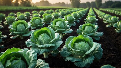 Lush green cabbage crops flourish in fertile soil, highlighting sustainable agricultural practices.