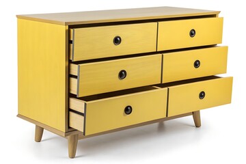 Modern Yellow Chest of Drawers, Six Drawers, Round Black Handles, Wood Legs, Open Drawer