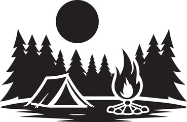 Obraz premium Camping logo with tent, campfire, forest, moon and stars, isolated vector illustration