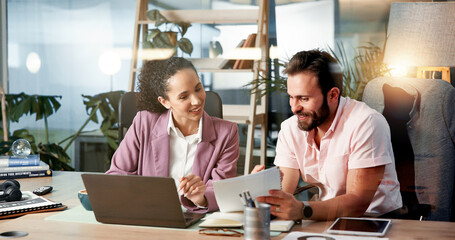 Meeting, documents and business people in office for discussion, planning and collaboration for project. Professional, laptop and man and woman on digital tech for online report, research and website