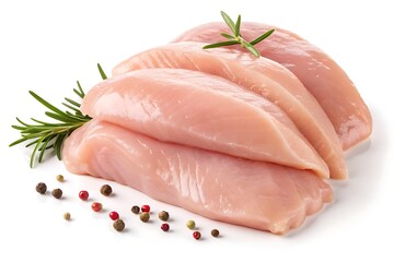 Fresh Raw Chicken Fillets with Rosemary and Pepper on a Clean White Background
