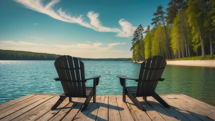 Naklejka premium American outdoor scene featuring water, lake, and dock with chairs on a clear sunny summer day