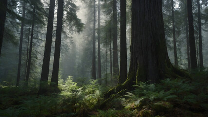 Obraz premium View of forest with tall coniferous trees on misty day