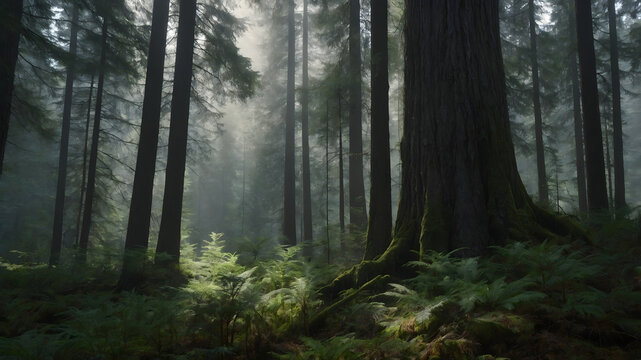 View of forest with tall coniferous trees on misty day